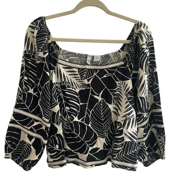 New Cynthia Rowley Anthropologie Black Creme Linen Leaf Print Top Women’s Sz XL - Picture 1 of 5